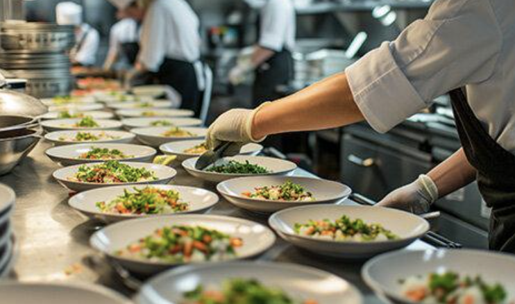 Equipo de cocina emplatando alimentos en una línea de producción